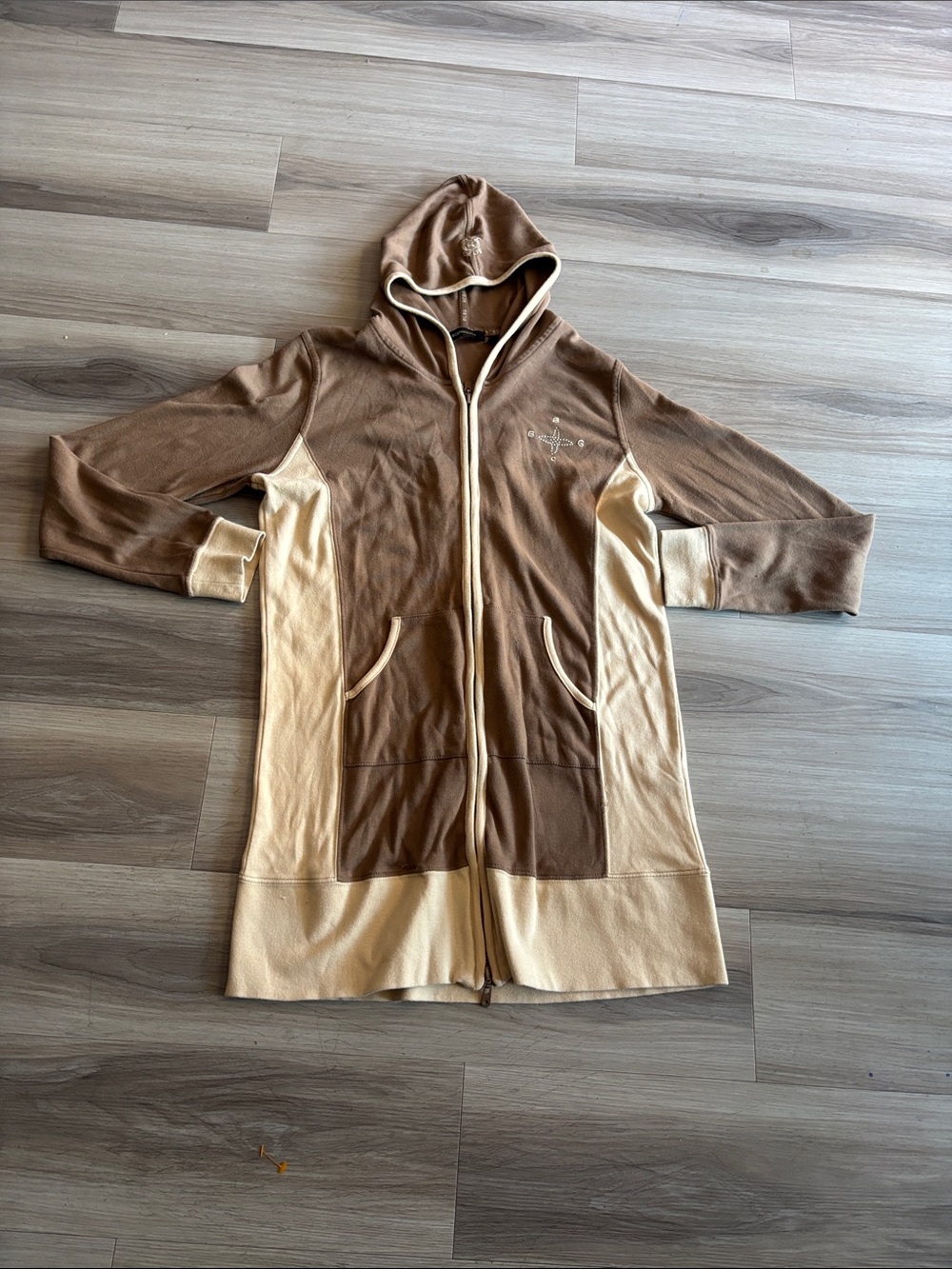 BCBG Two-Tone Hooded Zip Sweatshirt in Brown and Cream